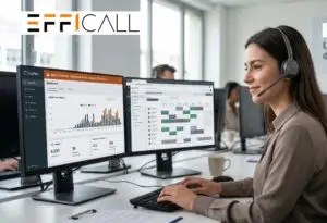Une conseillère Efficall en centre d'appel gère un pic d'appels de sinistres d'assurance avec professionnalisme et empathie après une catastrophe naturelle. Elle utilise un tableau de bord de cellule de crise combinant IA et intervention humaine.