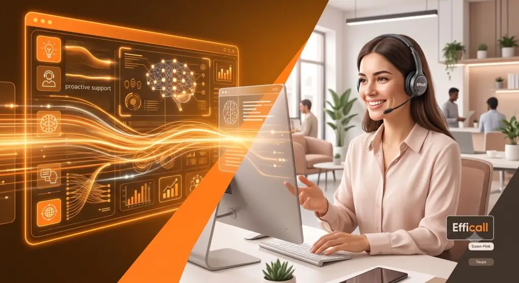 Illustration conceptuelle montrant la synergie entre une interface d'intelligence artificielle et une conseillère humaine empathique avec casque, représentant le service client hybride d'Efficall.