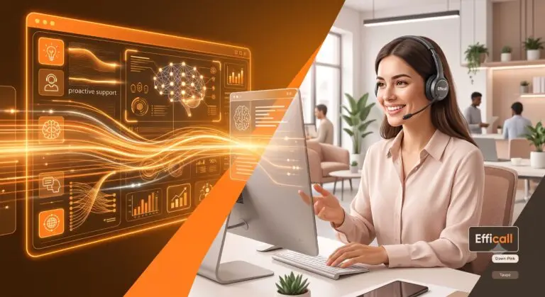 Illustration conceptuelle montrant la synergie entre une interface d'intelligence artificielle et une conseillère humaine empathique avec casque, représentant le service client hybride d'Efficall.