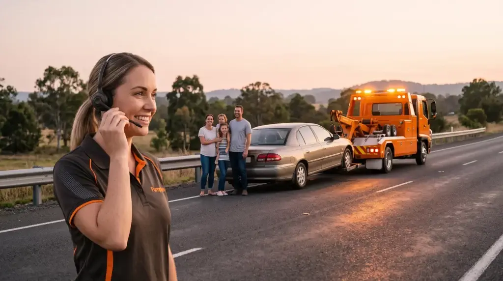 Opératrice téléphonique souriante offrant une assistance sereine à une famille dont la voiture est prise en charge par un camion de remorquage sur le bord de la route