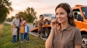 Opératrice téléphonique souriante offrant une assistance professionnelle à une famille sur le bord de la route dont la voiture est remorquée par une entreprise de dépannage remorquage