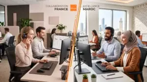 Illustration scindée montrant des téléconseillers en centre d'appels en France et au Maroc équipés de casques professionnels pour l'externalisation du service client.