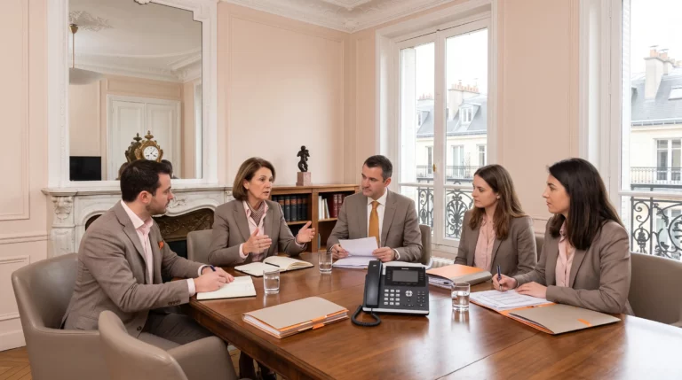 Réunion entre avocats et experts-comptables dans un cabinet en Île-de-France, discutant de l'externalisation sécurisée de leur permanence téléphonique.