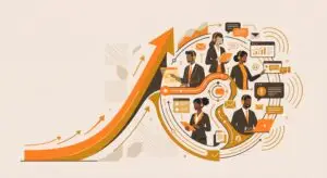 Illustration vectorielle d'une courbe de croissance ascendante connectée à une équipe d'agents de support client Efficall, symbolisant la scalabilité des startups.