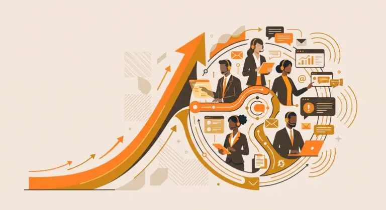 Illustration vectorielle d'une courbe de croissance ascendante connectée à une équipe d'agents de support client Efficall, symbolisant la scalabilité des startups.