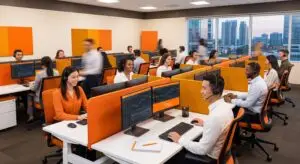 Plateforme téléphonique dynamique et organisée gérant efficacement les appels entrants d'une entreprise de négoce lors d'un pic d'activité de fin d'année.