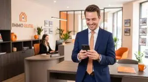 Un agent immobilier souriant et productif consultant son smartphone dans une agence aux couleurs Efficall, pendant qu'une télésecrétaire gère les appels de l'accueil en arrière-plan pour augmenter le chiffre d'affaires.