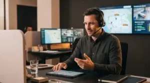 Opérateur Efficall gérant un appel urgent de transport et logistique avec casque et interface de suivi de livraison.